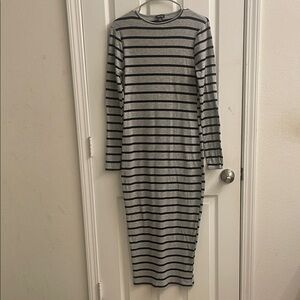 Boohoo Grey & Black Striped Long Sleeve Midi Dress